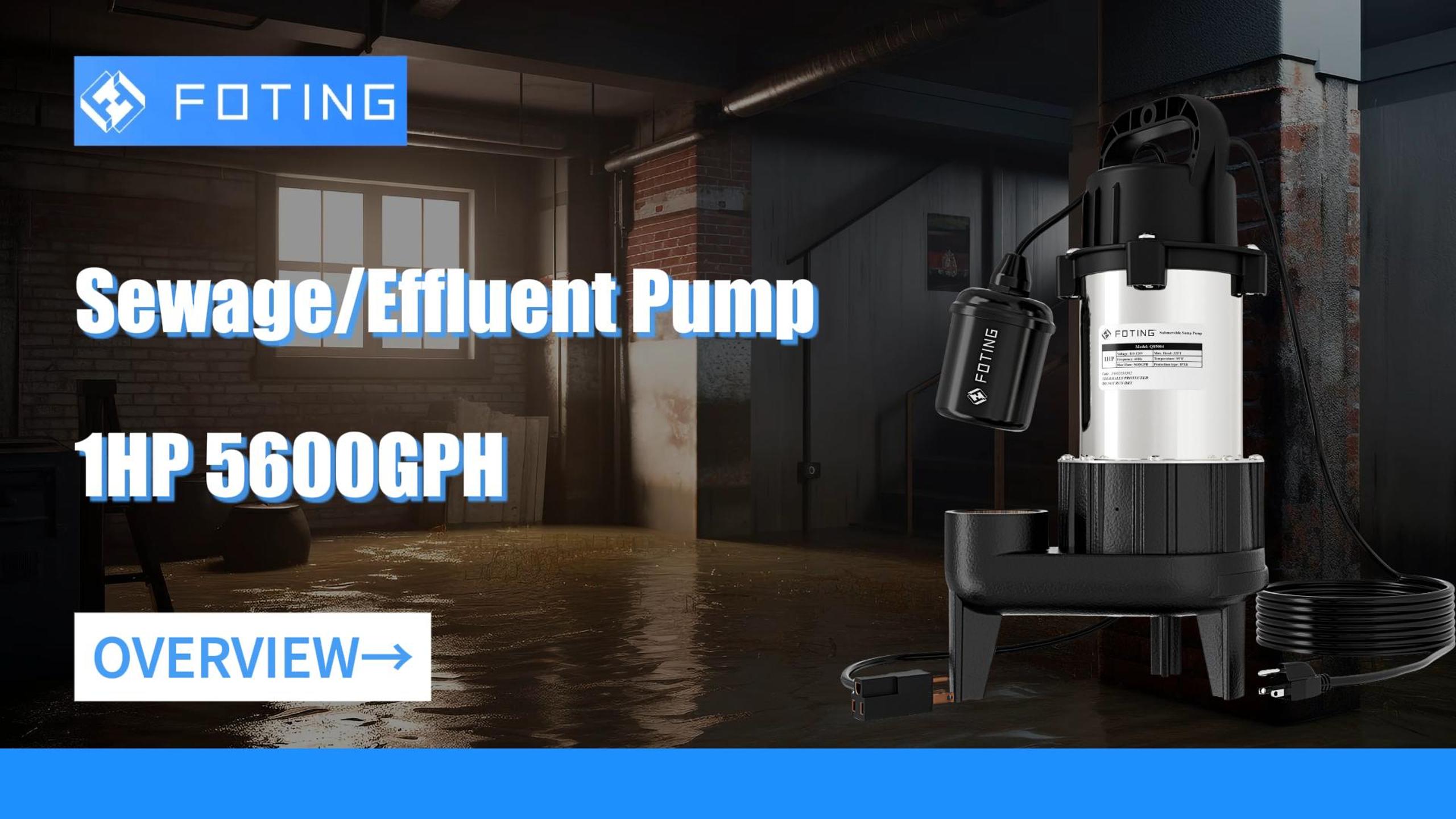 FOTING 1HP 5600GPH 40FT Submersible Sewage/Effluent Pump, Heavy